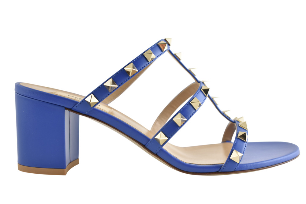 Valentino Rockstud City Slide 60mm Mule Blue Caged Sandal Block Heel Pump 39.5